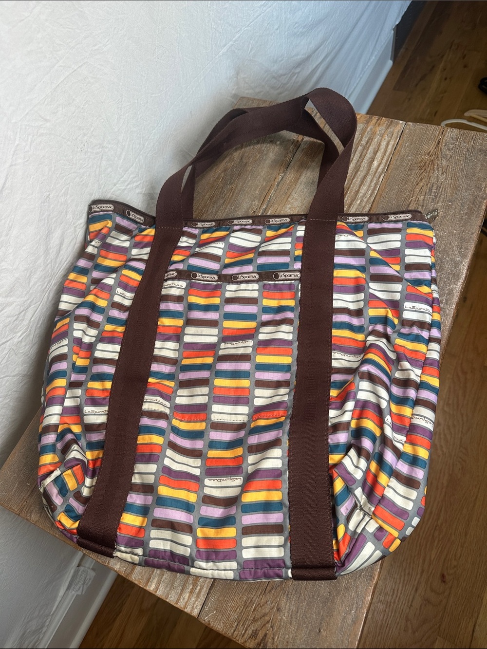 Lesportsac Multicolor Stripe Tote with Brown Handles